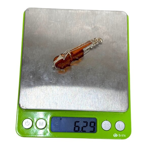 Vintage Honey Amber Sterling 925 Silver Violin Viola Cello Figural Pin Brooch - Picture 4 of 4